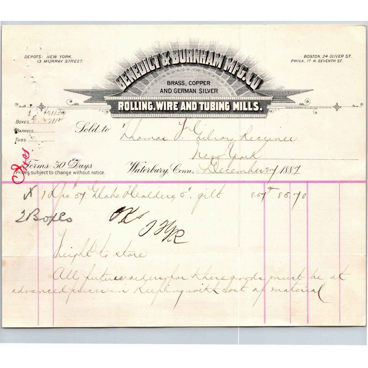 1887 "Benedict & Burnham Mfg. Co." Rolling Wire Billhead Letterhead Waterbury CT