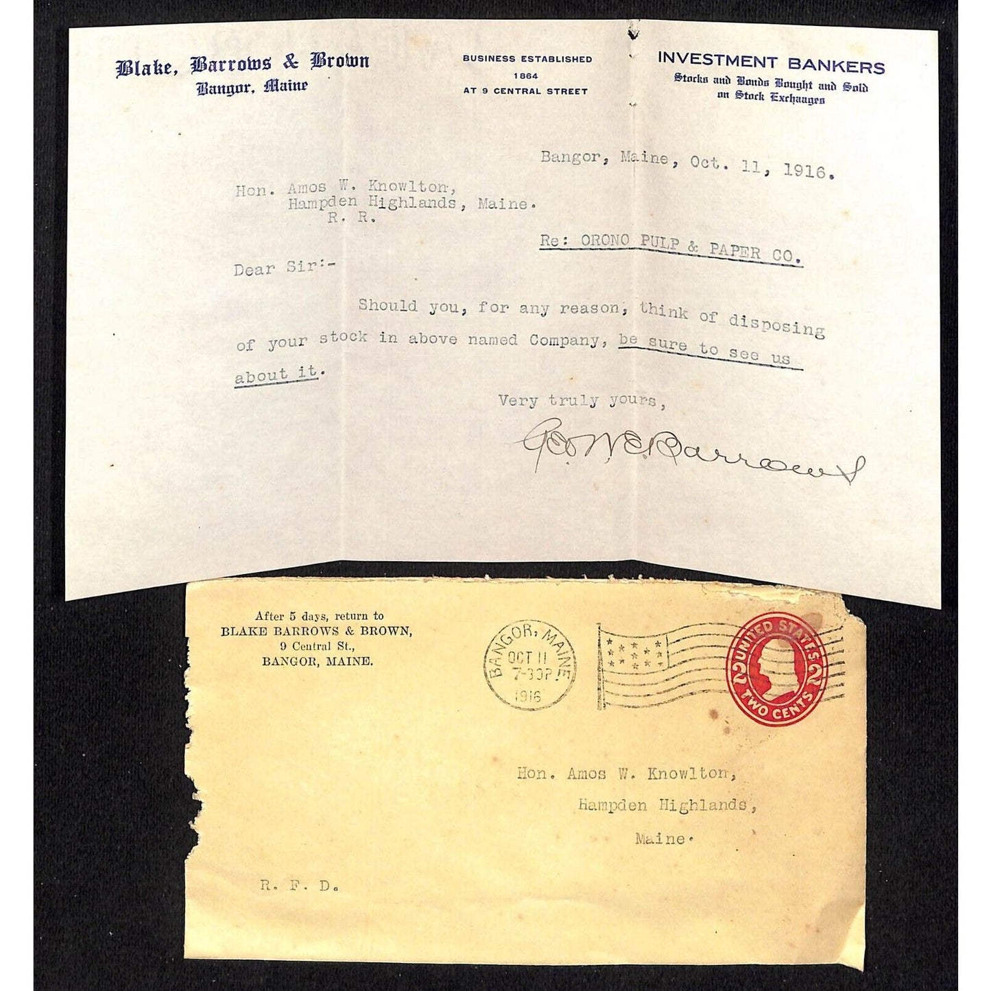 Amos W. Knowlton* 1915 Hampden Heights, ME Blake Barrows & Brown Letterhead +