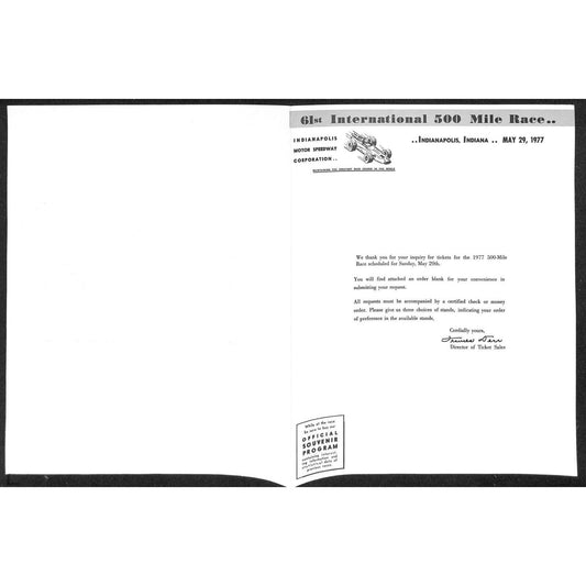 1977 Indy 500 Indianapolis IMS Unused Ticket Info Order Form Sheet w/ Map Scarce