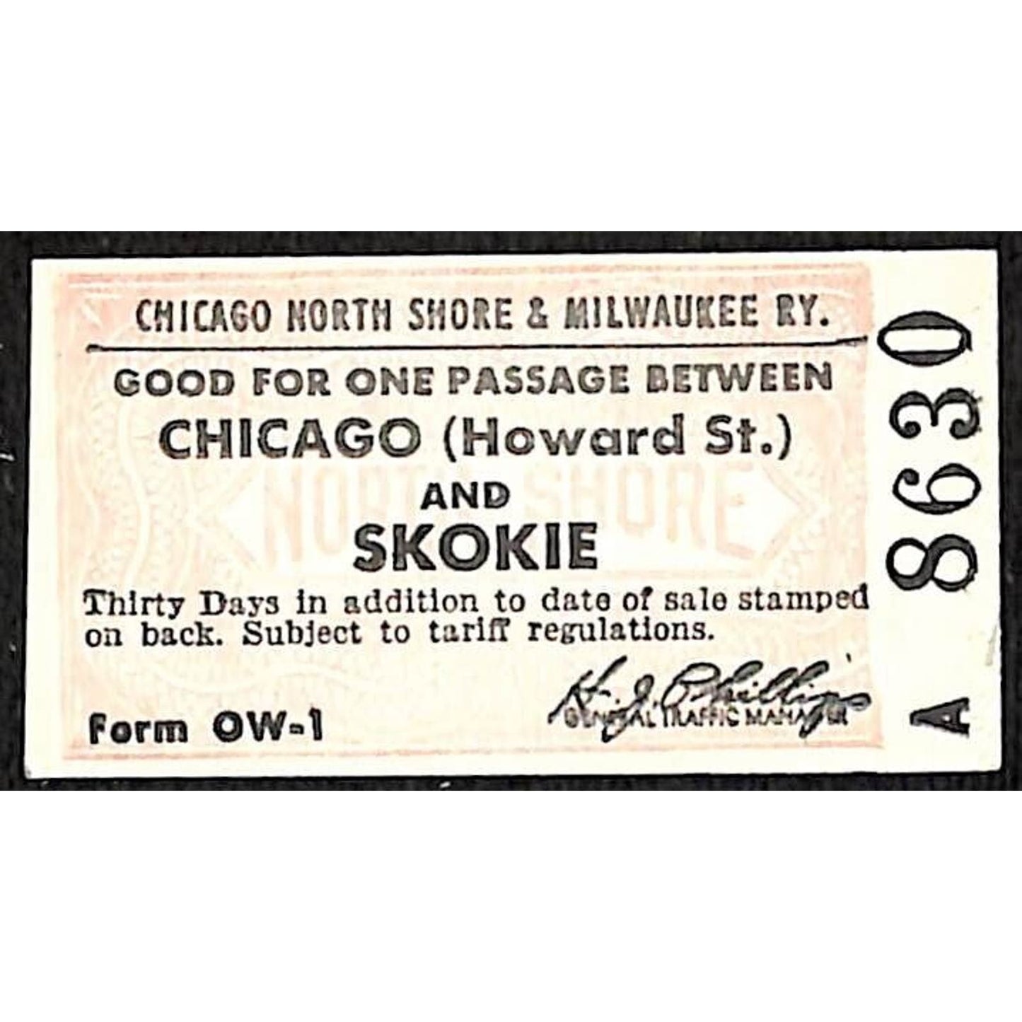 Chicago North Shore & Milwaukee RY Ticket c1947-50's Skokie #8630