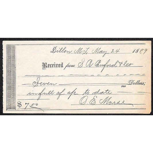 Dillon Montana S.R. Buford 1889 $7 Payment Receipt