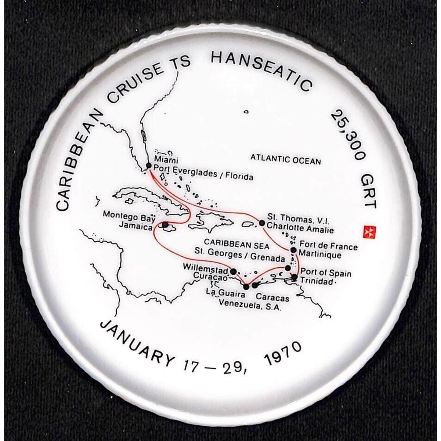 Caribbean Cruse TS Hanseatic Hamburg AL 1970 Ceramic Tip Tray w/ Route Map VGC