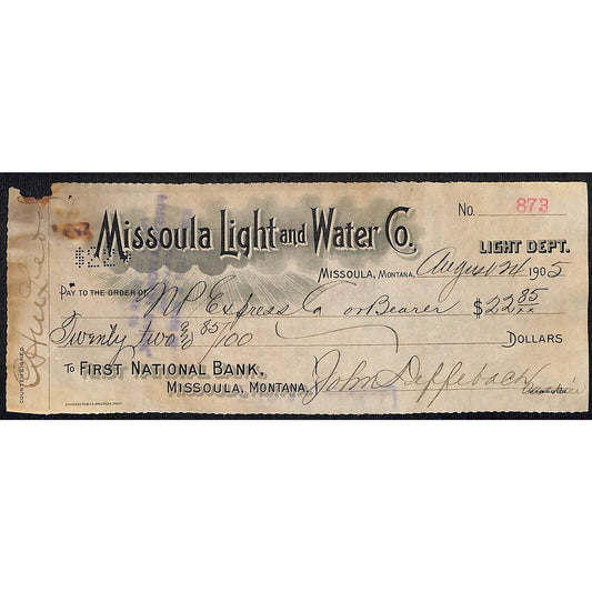 Missoula Light and Water Co.1905 Bank Check Clouds w/ Radiant Lines Vignette
