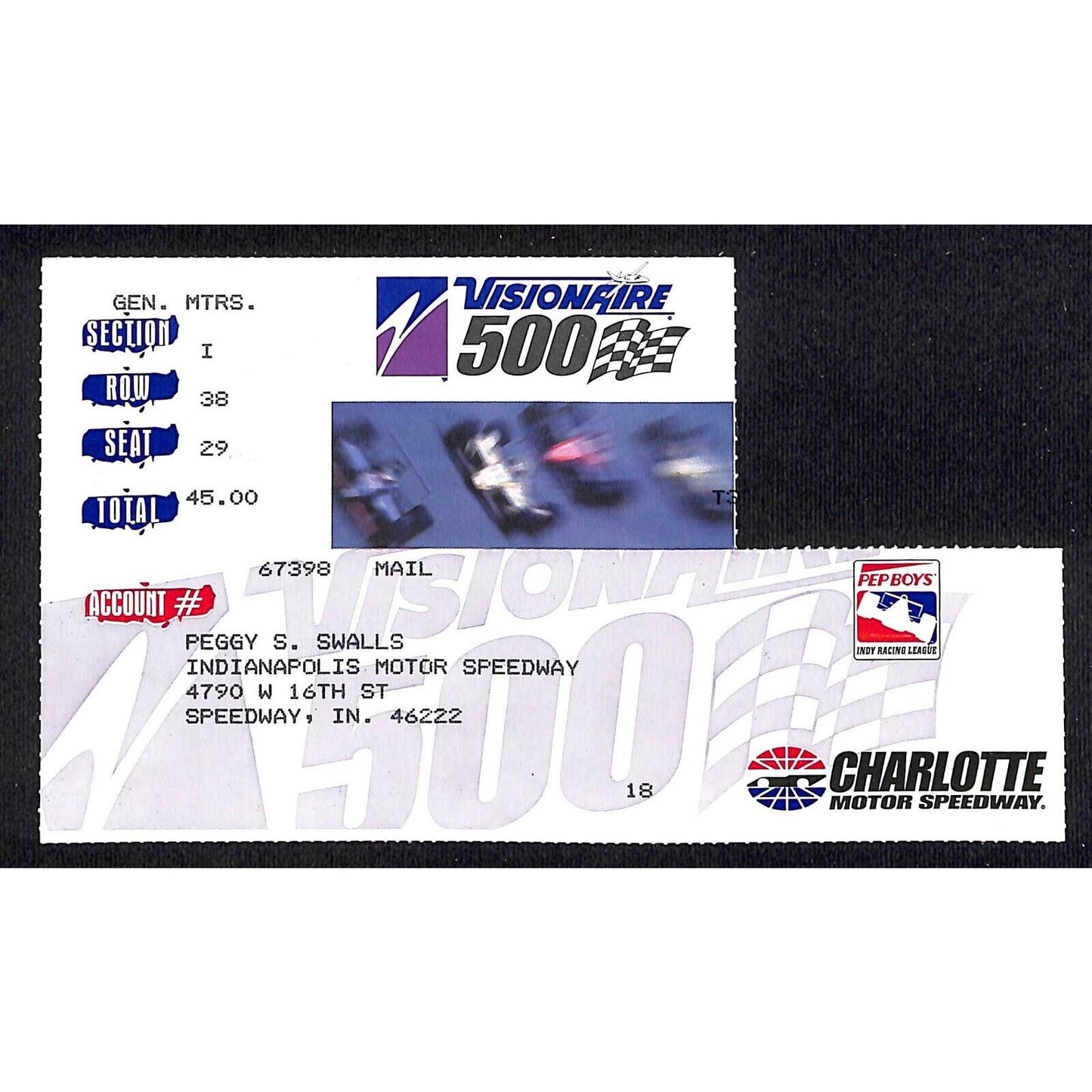1998 Charlotte Motor Speedway Visionaire 500 - Indy Ticket Stub Peggy Swalls