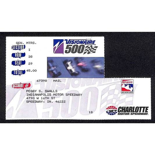 1998 Charlotte Motor Speedway Visionaire 500 - Indy Ticket Stub Peggy Swalls
