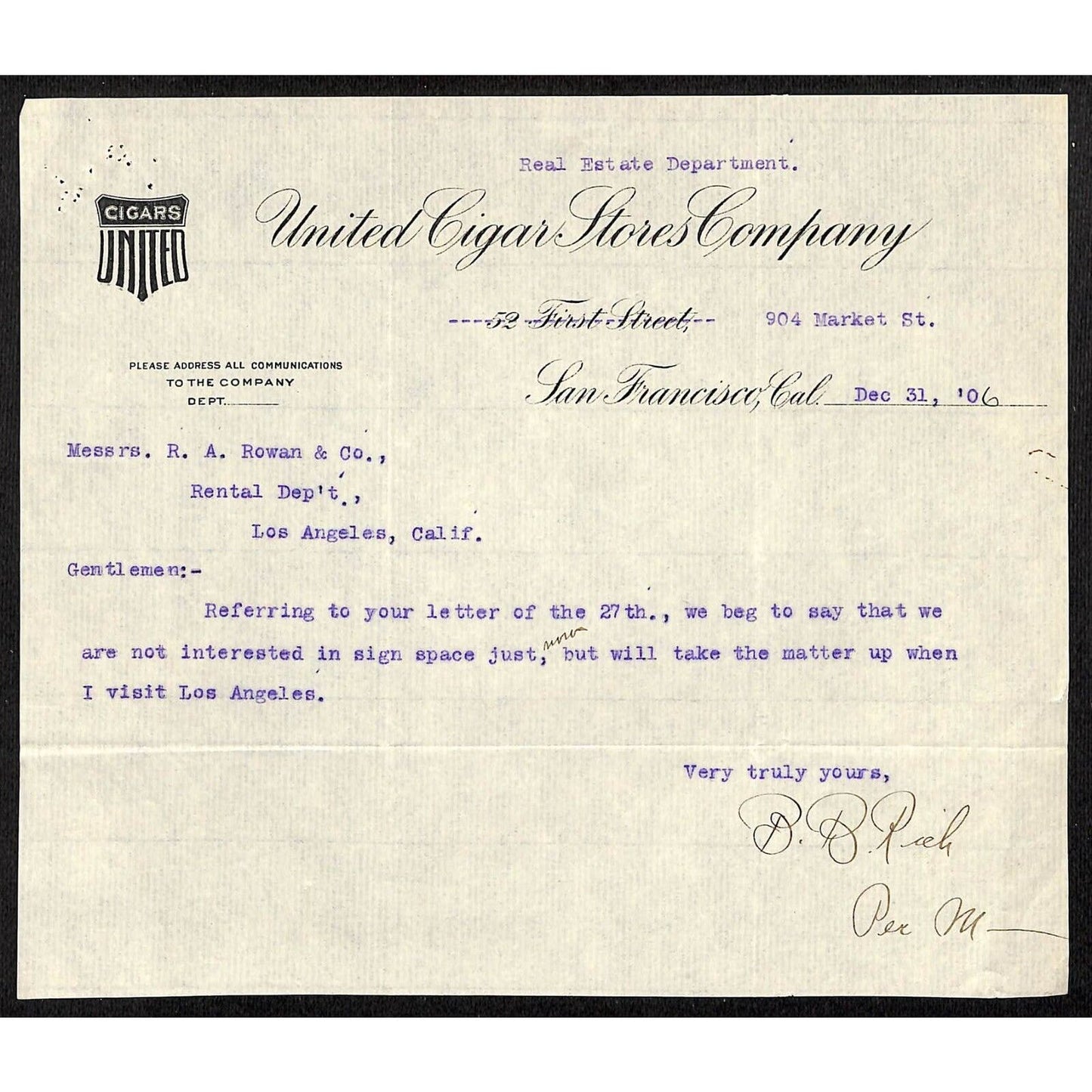 United Cigar Stores Co. First St. San Francisco Letterhead - R.A. Rowan