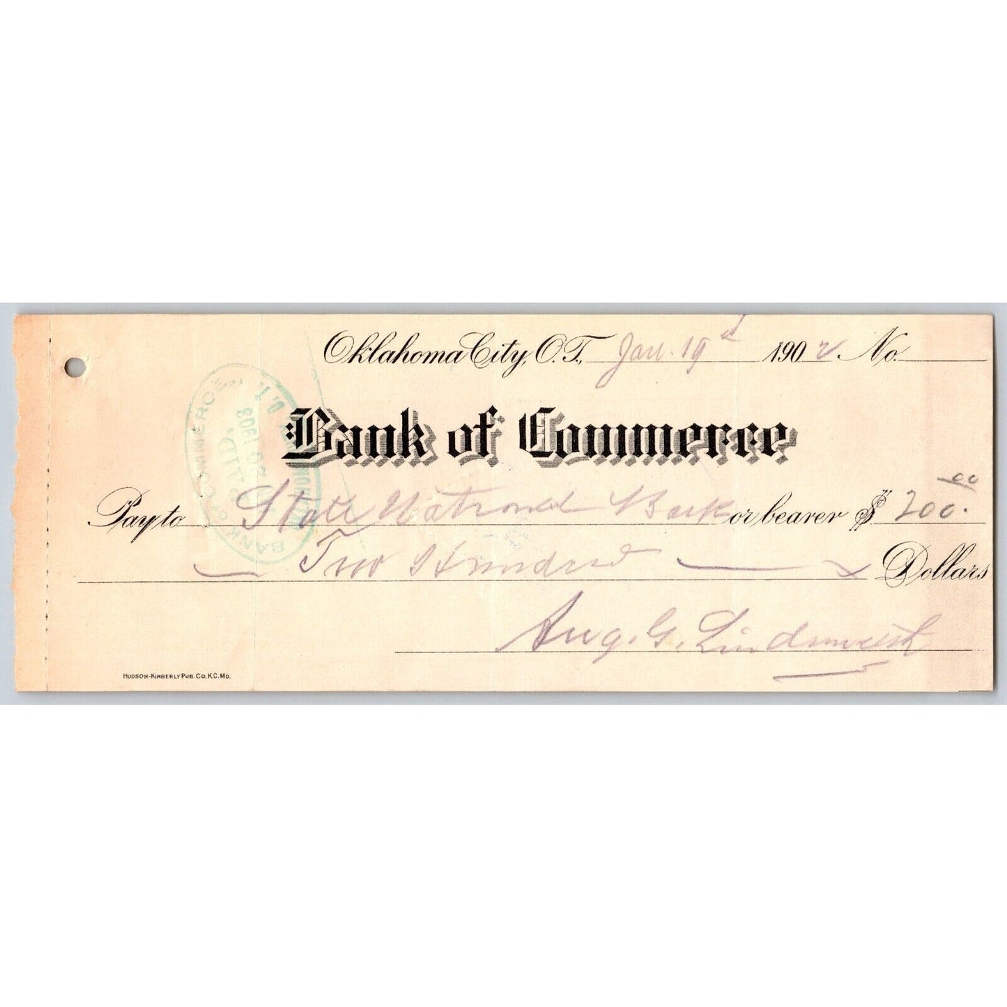 Oklahoma City "Bank of Commerce" Territorial 1903 $200 Bank Check