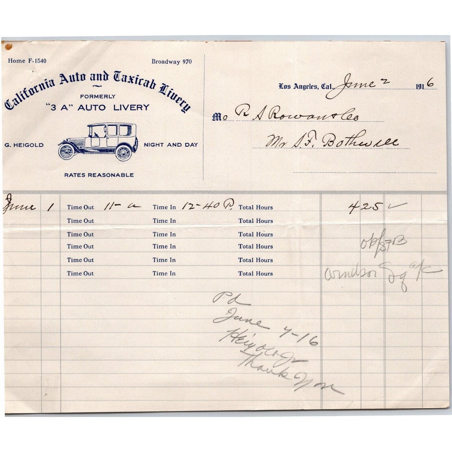 Los Angeles "California Auto and Taxicab Livery" 1916 Letterhead R.A. Rowan
