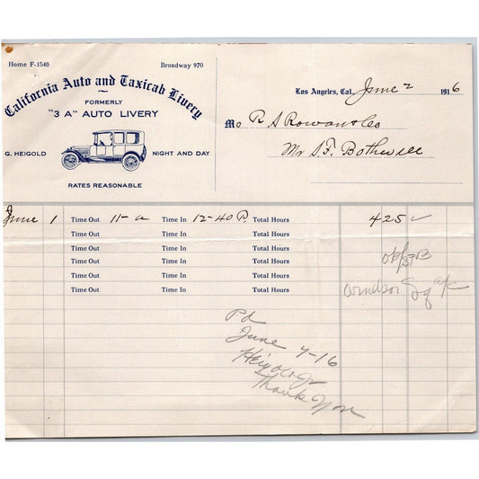 Los Angeles "California Auto and Taxicab Livery" 1916 Letterhead R.A. Rowan