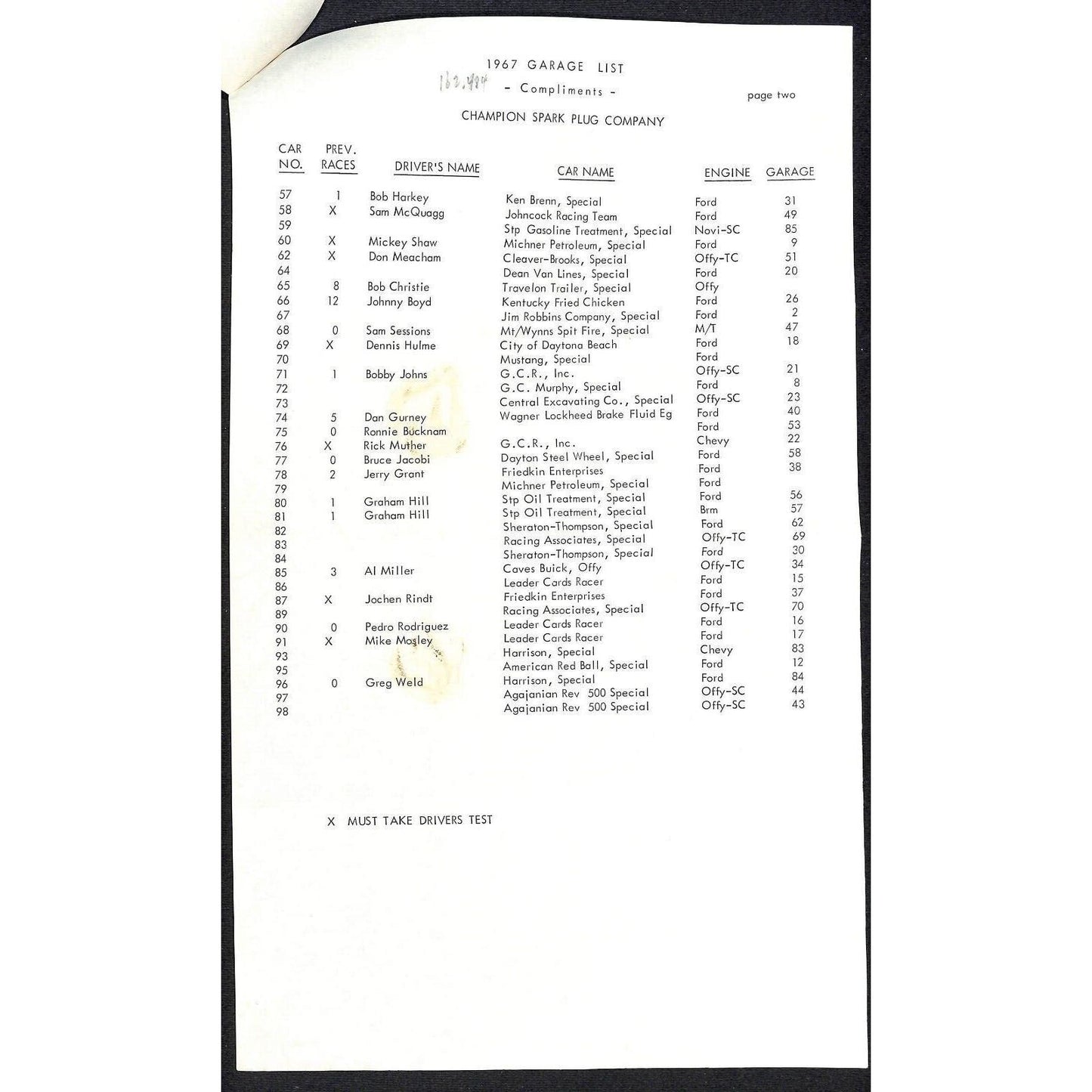 1967 Indy 500 Champion Spark Plug Indianapolis Motor Speedway Garage List