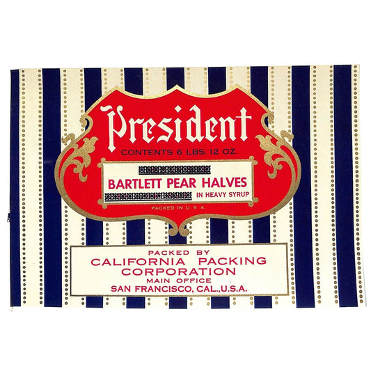 c1950 Paper Can Label President Brand Bartlett Pear Halves 6 Lbs. VGC - Scarce