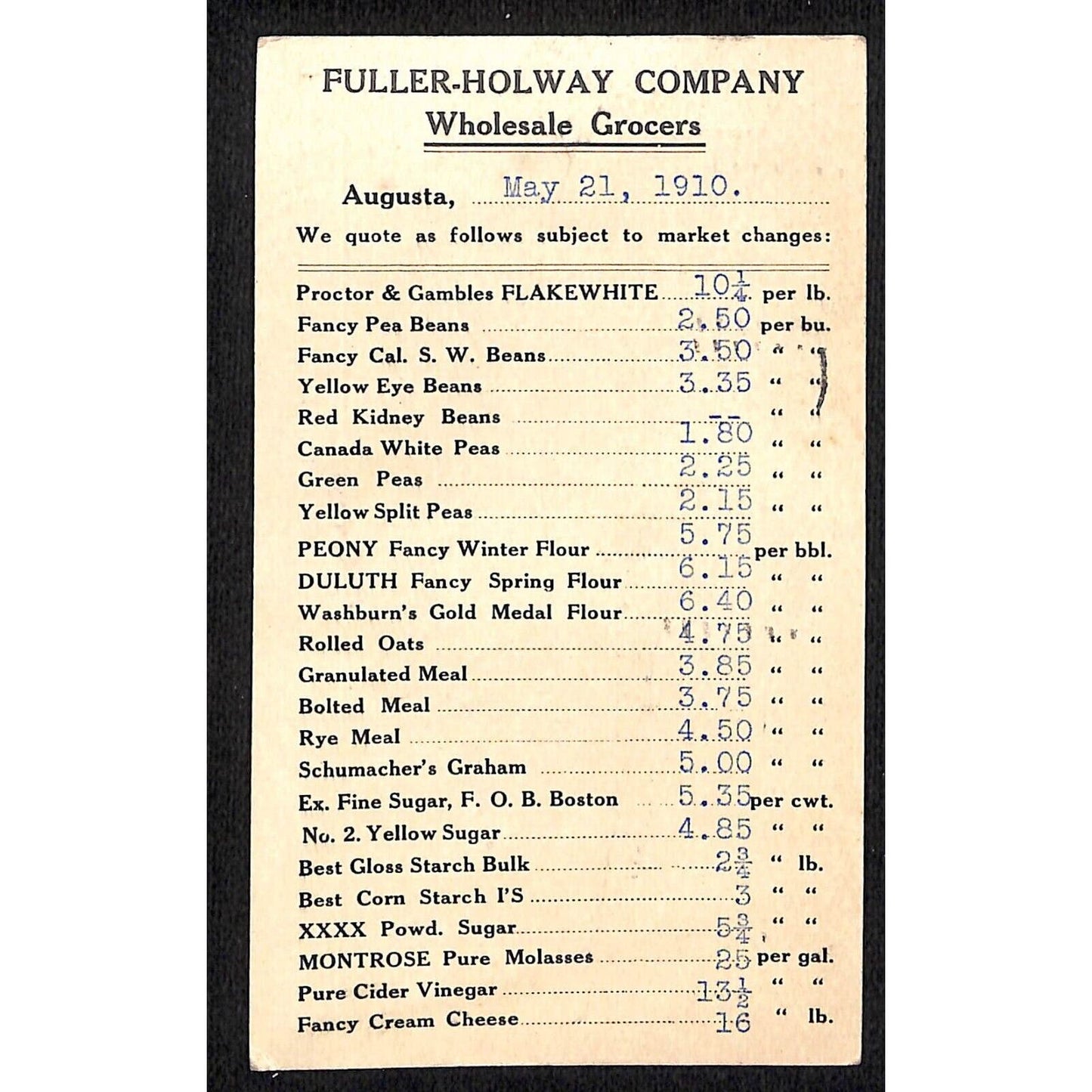 Augusta, ME Fuller-Holway Co. Wholesale Grocers w/ Prices 1910 Postal Card VGC