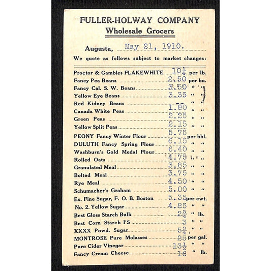 Augusta, ME Fuller-Holway Co. Wholesale Grocers w/ Prices 1910 Postal Card VGC