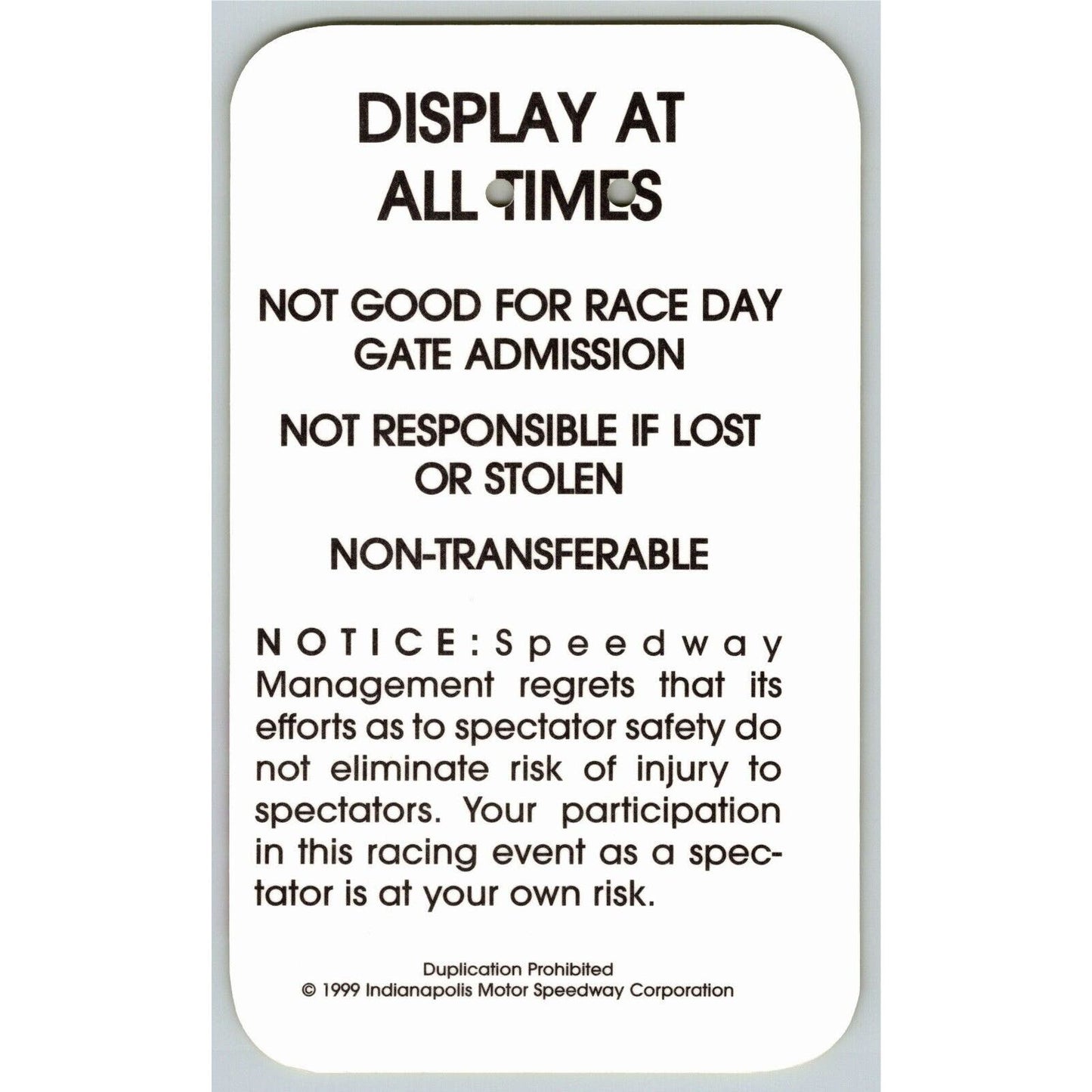 1999 Indy 500 V.I.P Pre-Race Turn 1 Garage Pit Pass VGC VIP Indianapolis #5702