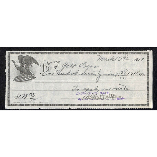 Galt Bros (Hardware Implements) Basin State Bank Stanford Montana 1917 Receipt