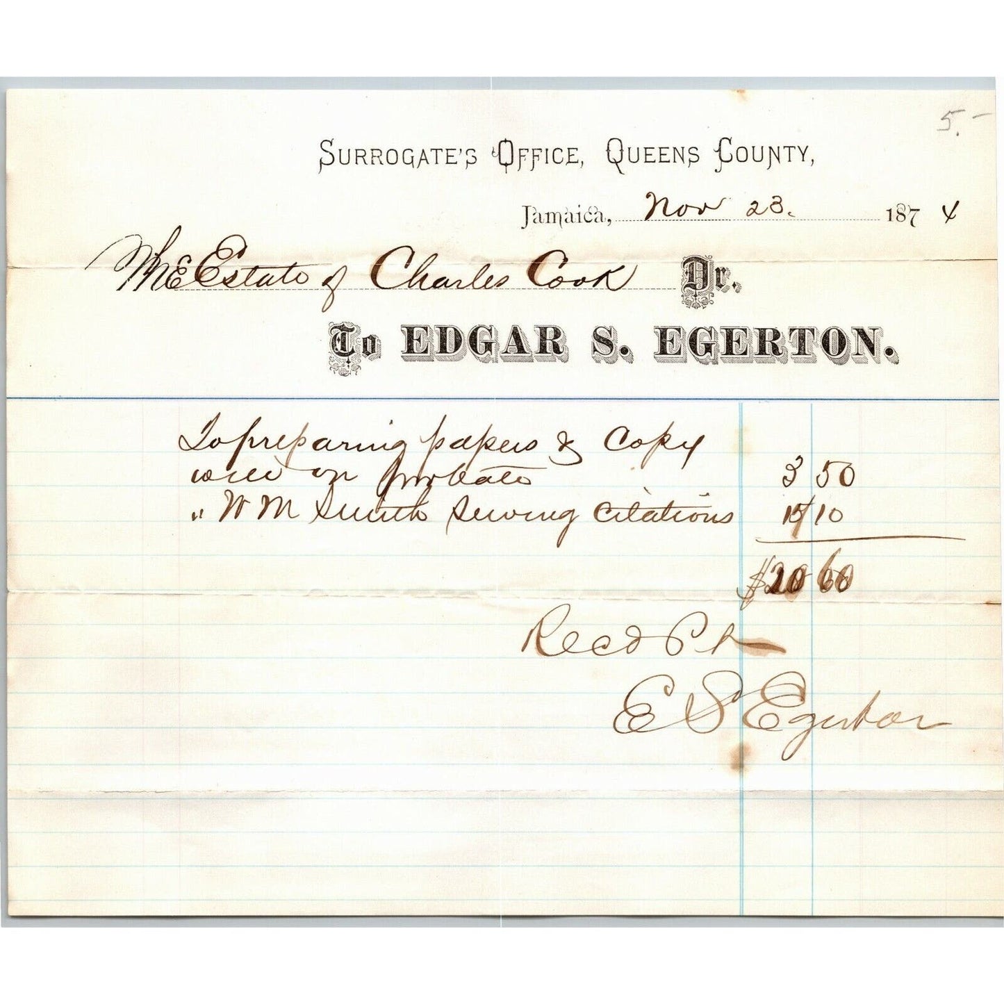 1874 Jamaica, NY Letterhead Surrogate's Office Edgar S. Egerton Signed