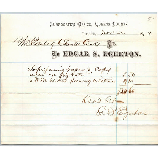 1874 Jamaica, NY Letterhead Surrogate's Office Edgar S. Egerton Signed
