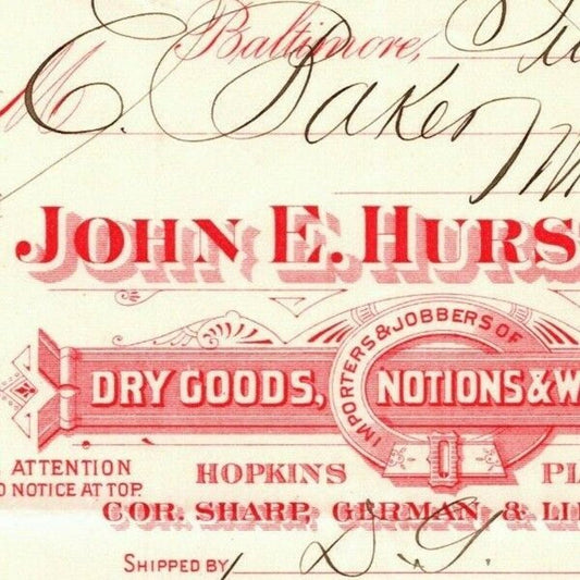 1899 Letterhead Billhead John E. Hurst Notions Baltimore Ephraim Baker*
