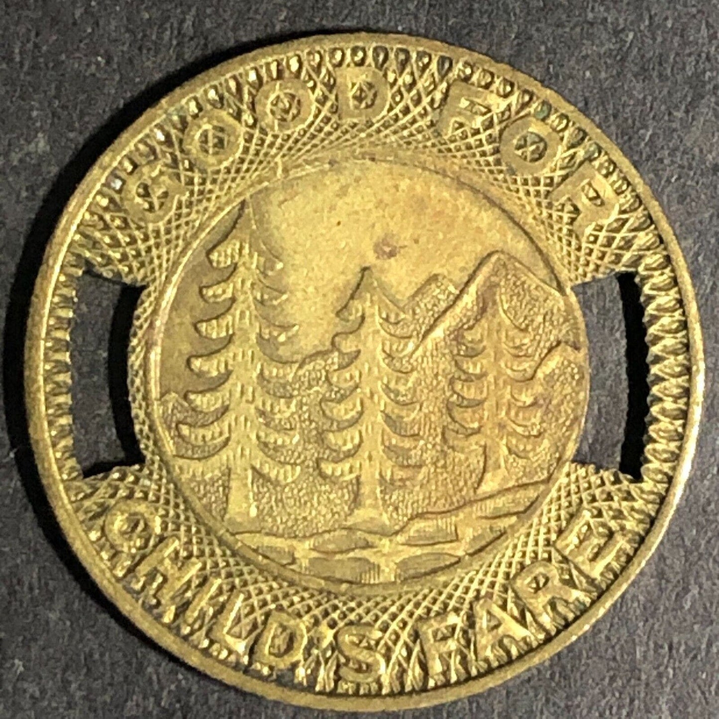 Seattle Transit System - "Good For Child's Fare" Brass Token 20mm w/ Pine Trees