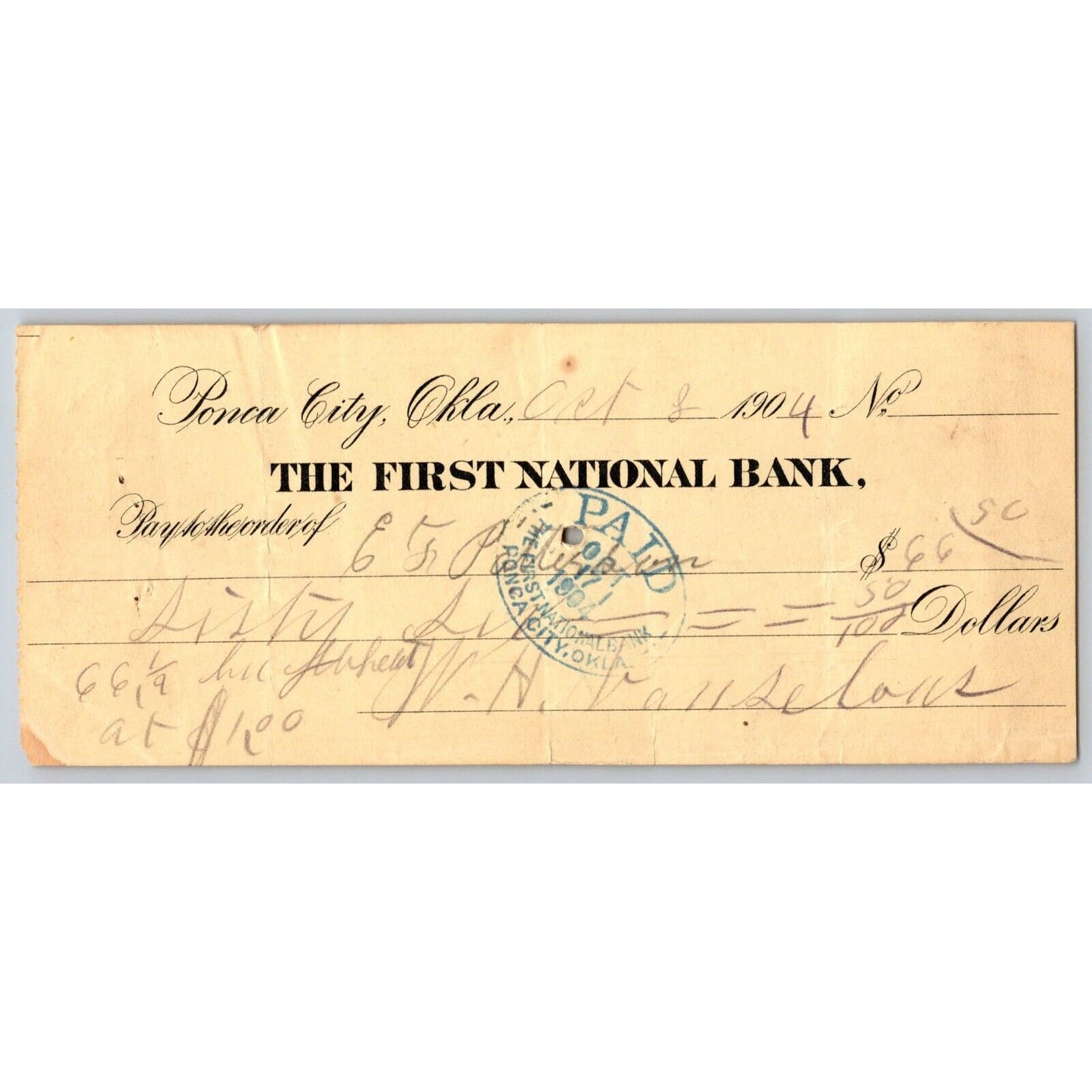 Ponca City, OK 1904 Territorial First National Bank Check - Scarce