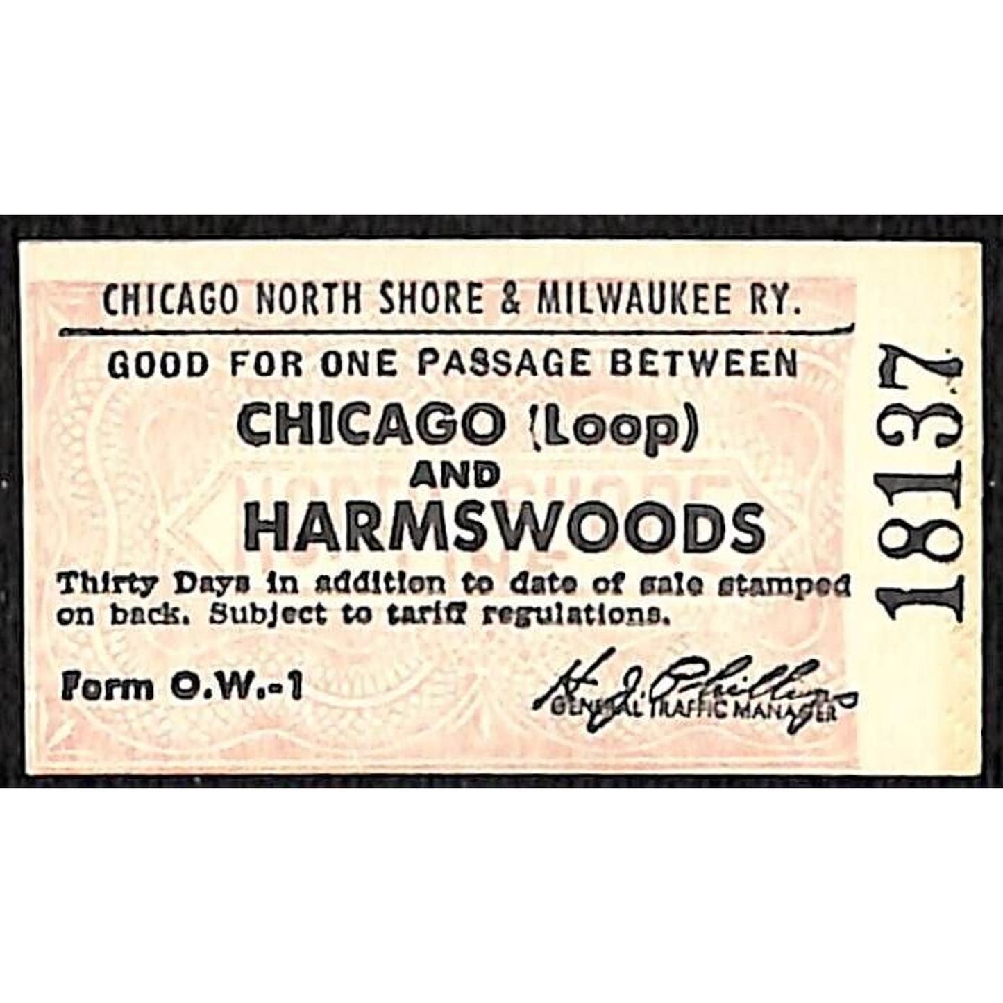 Chicago North Shore & Milwaukee RY Ticket c1947-50's Harmswoods #18137
