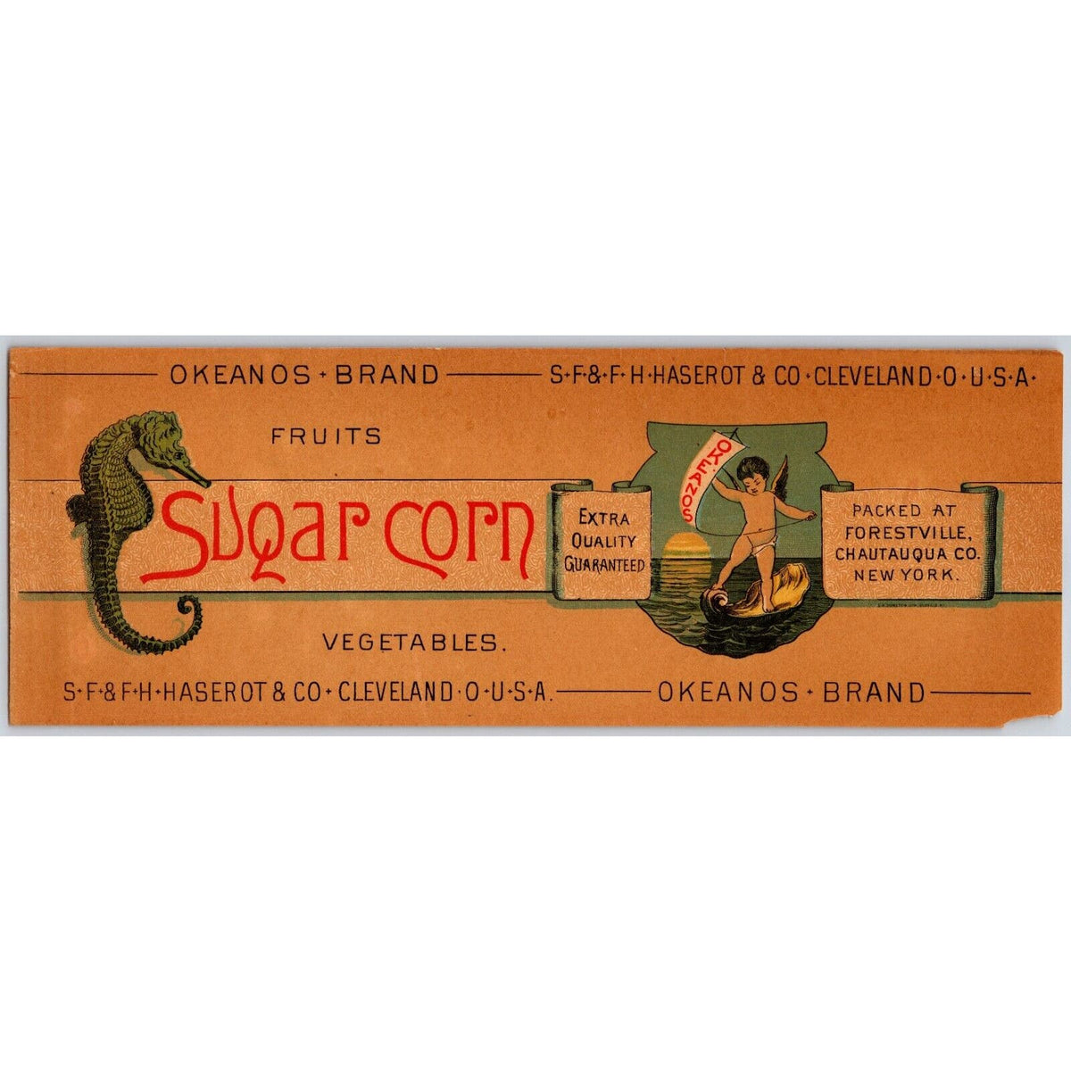 Okeanos Sugar Corn Paper Can Label Seahorse Forestville Cherub c1886-90's Scarce