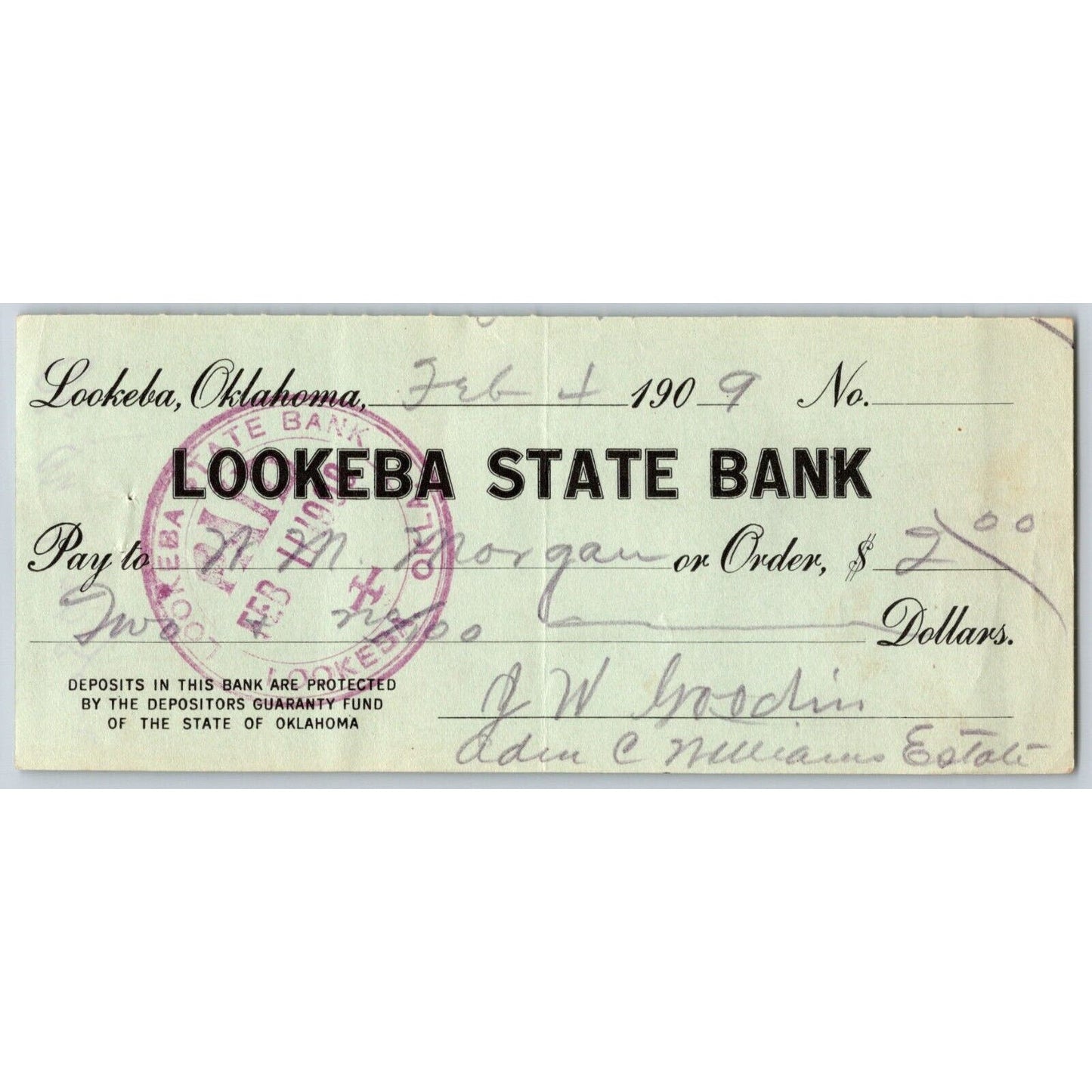 Lookeba, Oklahoma 1909 "Lookeba State Bank" Check - Scarce