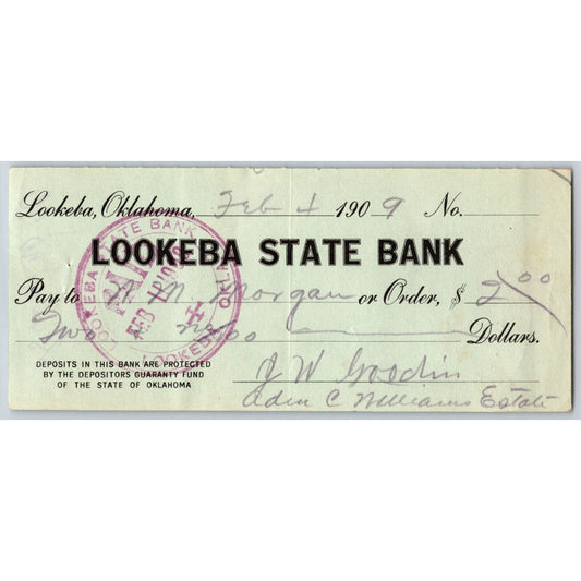 Lookeba, Oklahoma 1909 "Lookeba State Bank" Check - Scarce