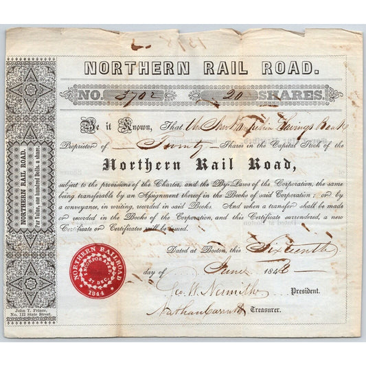 1848 Boston, MA Northern Railroad Stock Certificate No. 3702 for 20 Shares