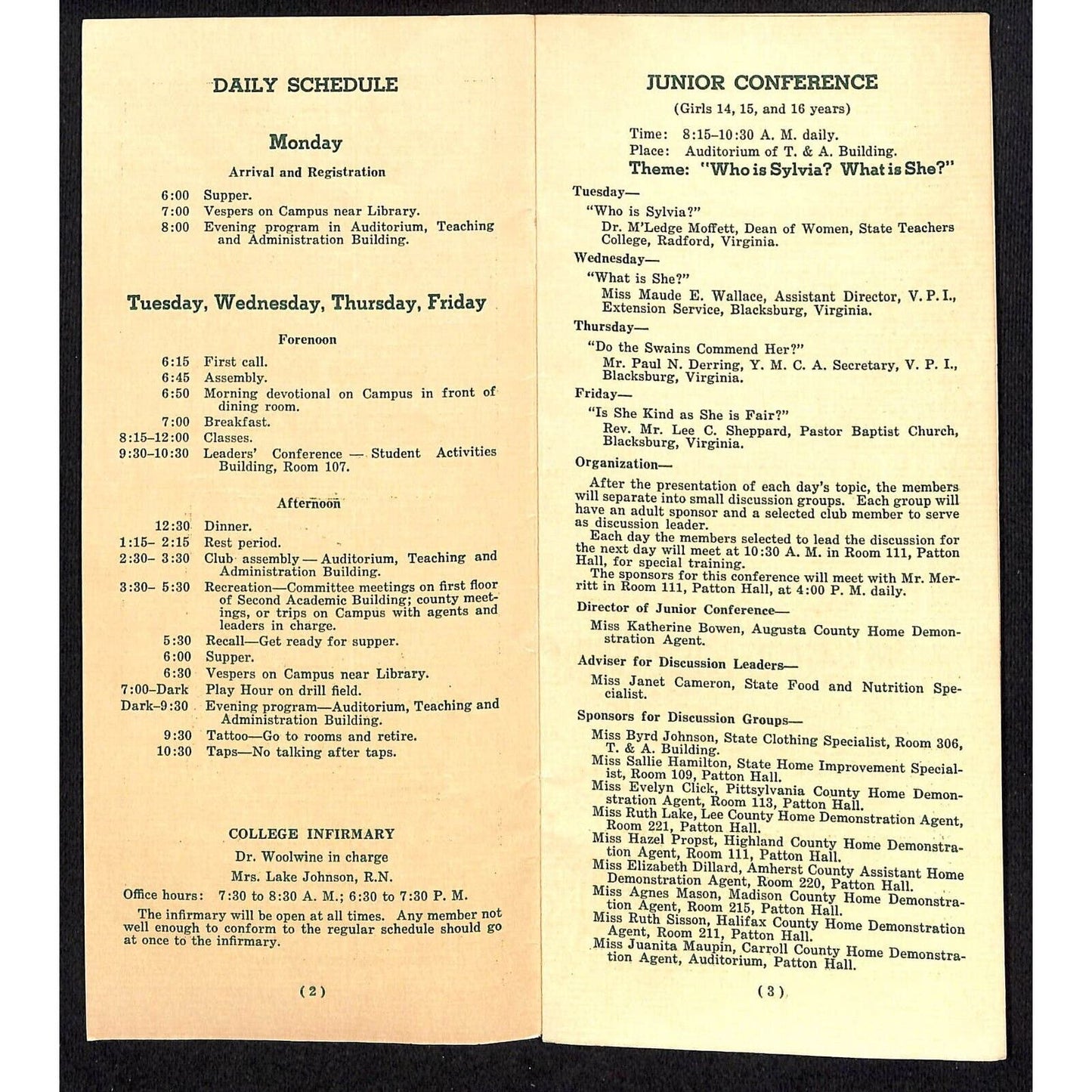 Blacksburg, VA State 4-H Club Short Course Brochure 11pp VGC