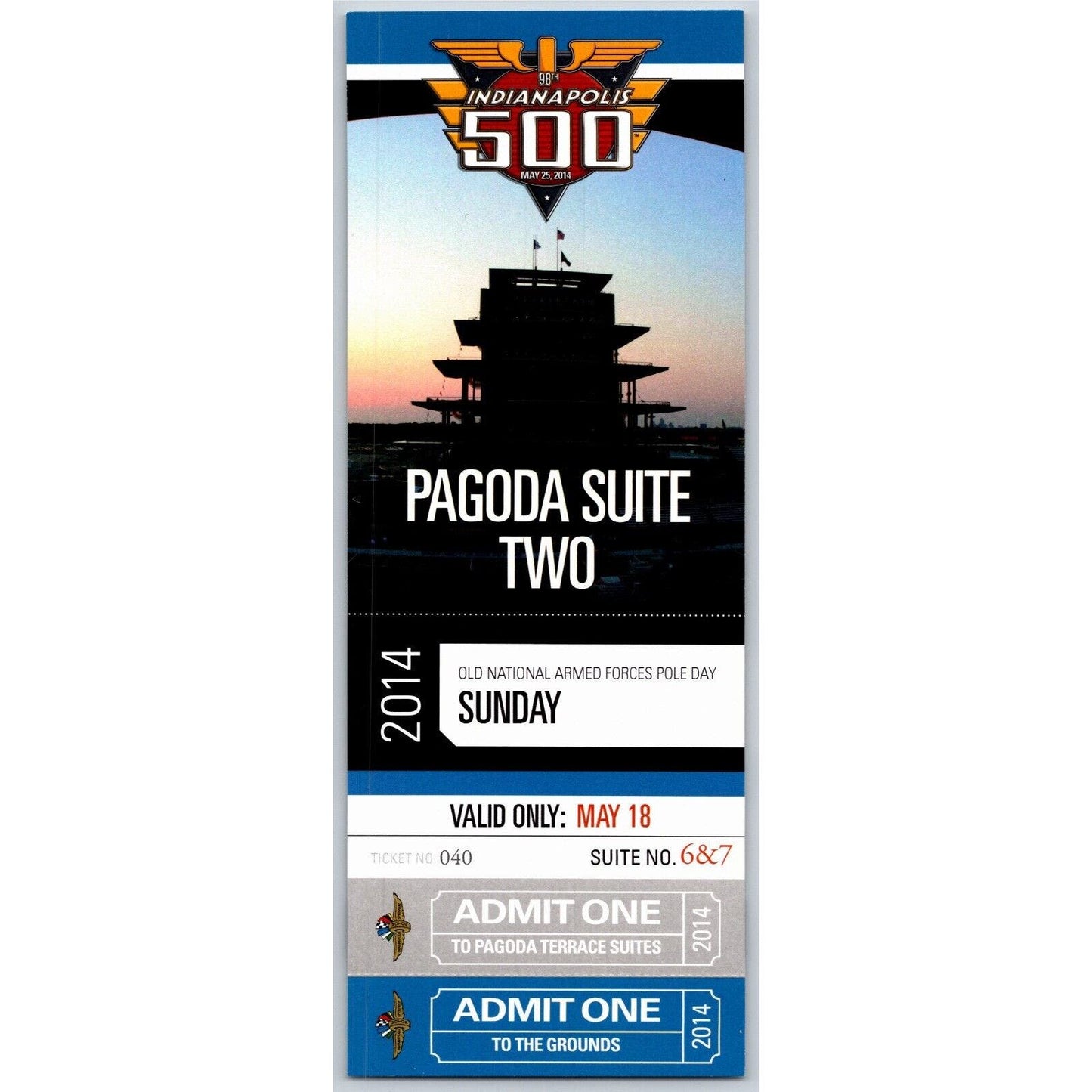 2014 Indy 500 Armed Forces Pole Day 5/18 Pagoda Suite Two Unused Ticket #040
