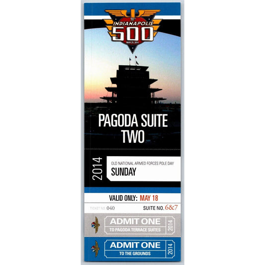 2014 Indy 500 Armed Forces Pole Day 5/18 Pagoda Suite Two Unused Ticket #040