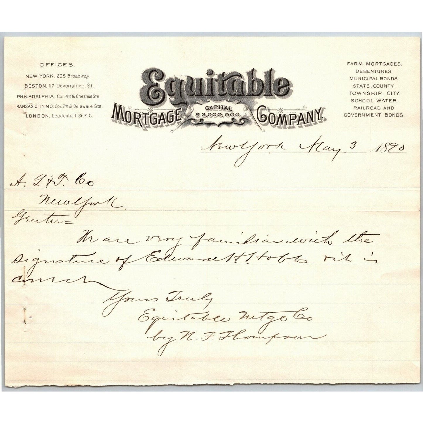 1890 Equitable Mortgage Company Letterhead 208 Broadway, NYC