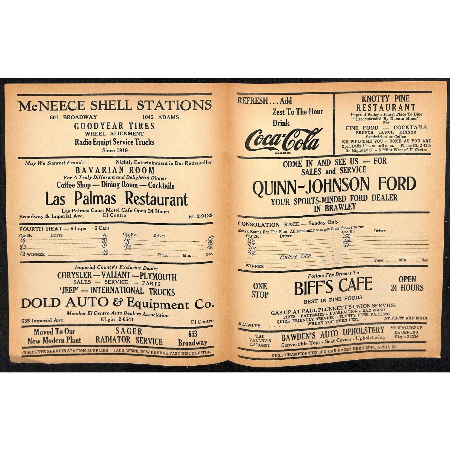 Scarce Mar 11 1962 California Auto Racing CRA Program Big Car El Centro 12pp.