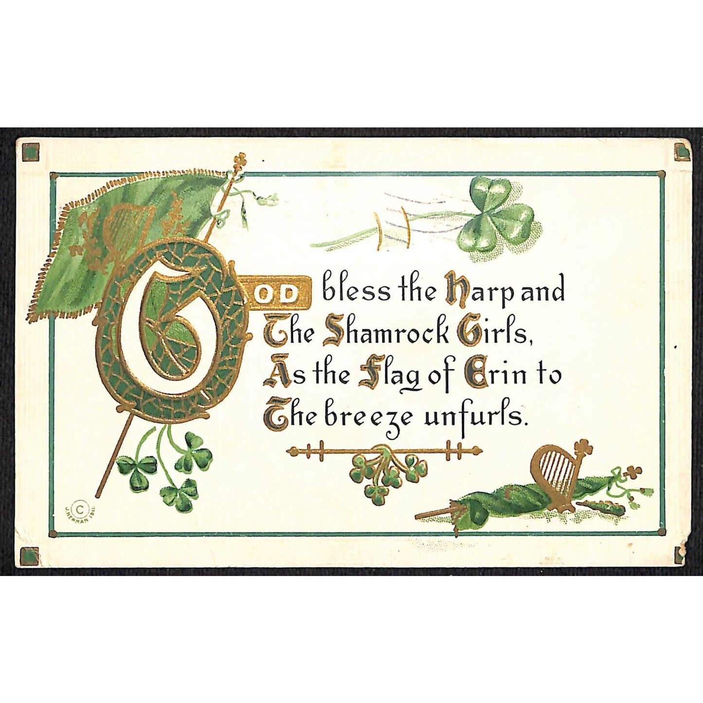 Ireland Postcard "God Bless the Harp and the Shamrock Girls.." Emboss PM 1914
