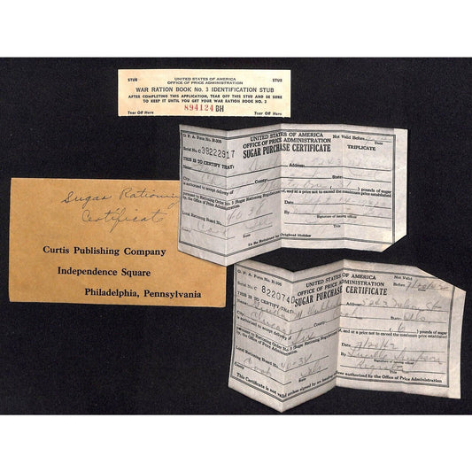 WWII 2 Sugar Rationing Certificates & No. 3 ID Stub + Unrelated Cover