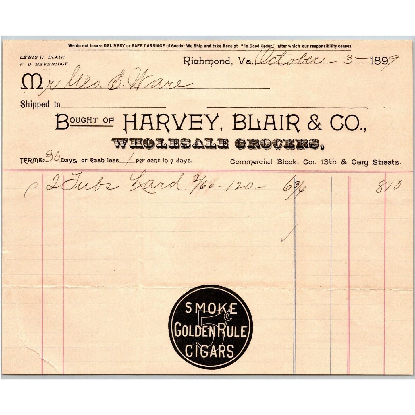 Harvey, Blair & Co. Wholesale Grocers Richmond, VA Letterhead Geo. E. Wear 1899