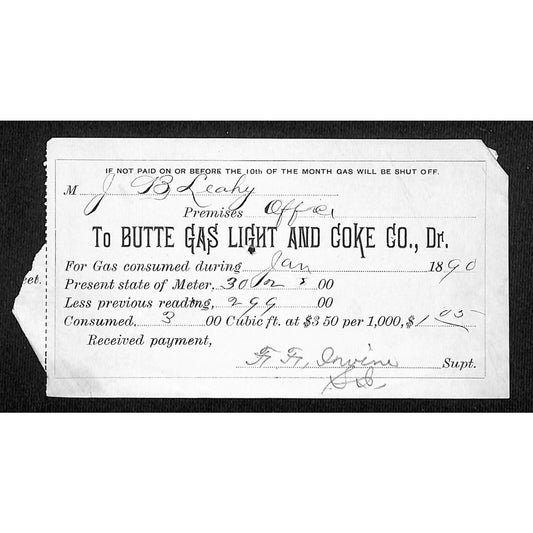 Butte Montana 1890 Butte Gas Light and Coke Co. Receipt / Billhead