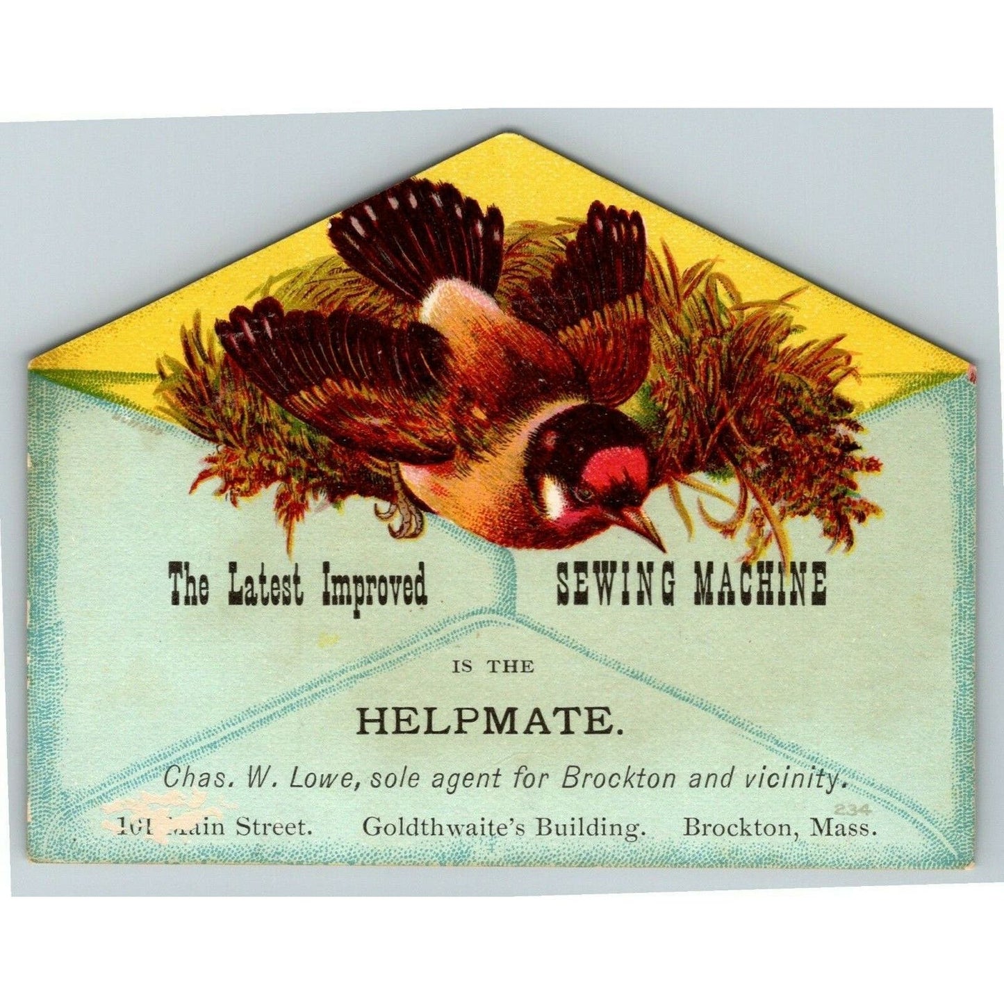 Die Cut Victorian Trade Card Helpmate Sewing Machine Chas. W. Lowe Brockton, MA