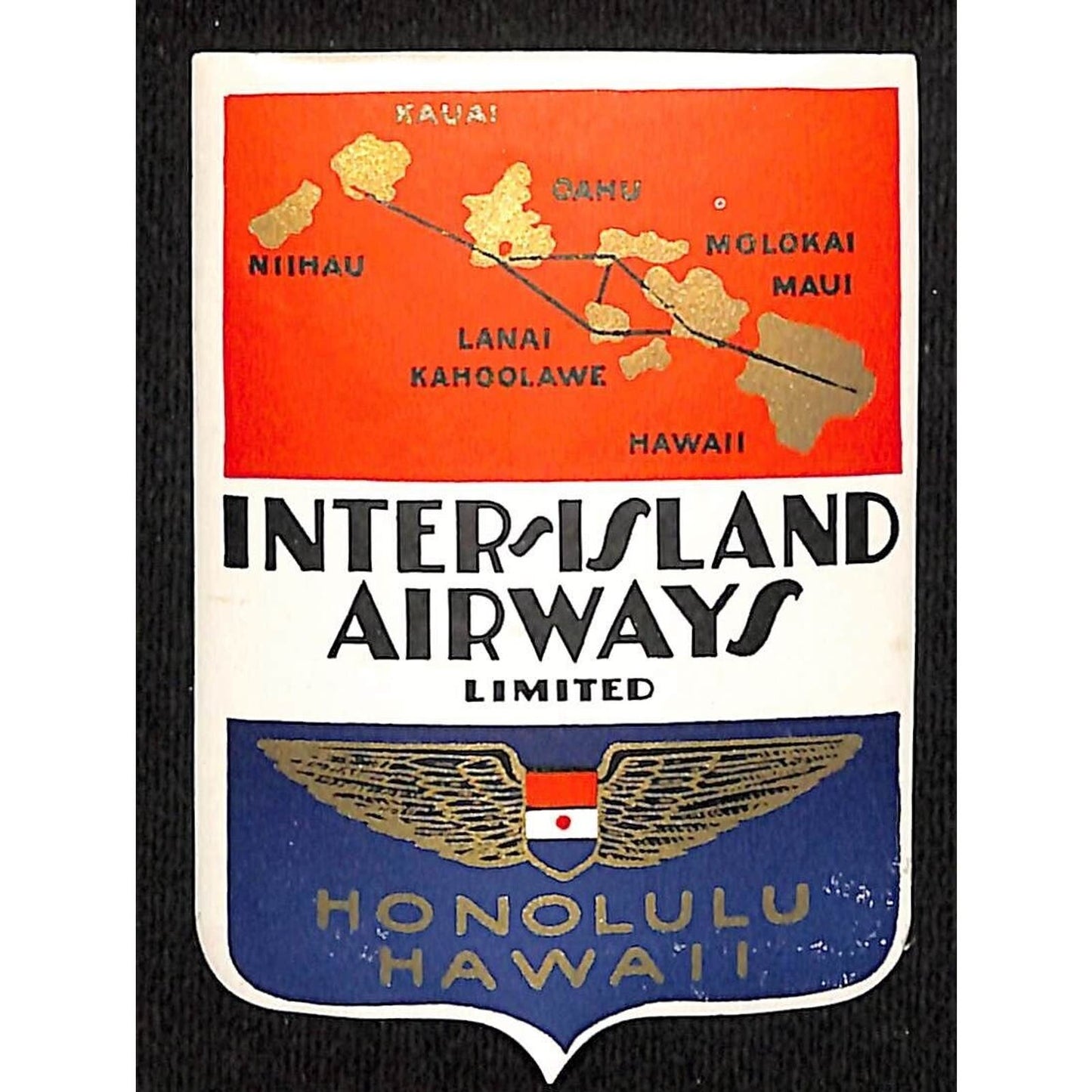 Inter Island Airways Honolulu Hawaii Luggage Label w/ Gold Ink Map Wings c1940s