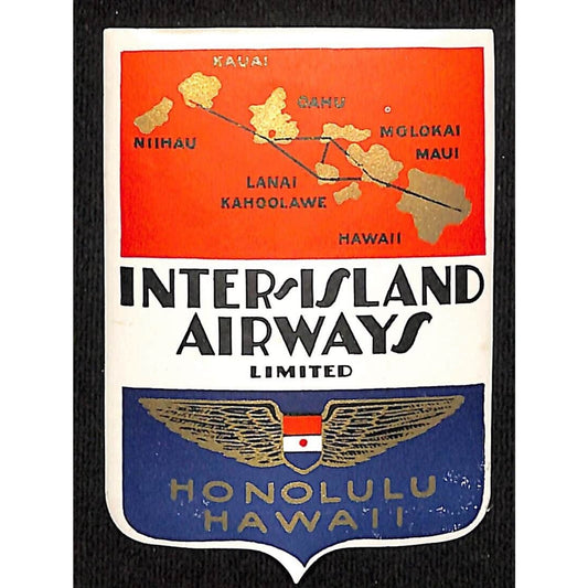 Inter Island Airways Honolulu Hawaii Luggage Label w/ Gold Ink Map Wings c1940s
