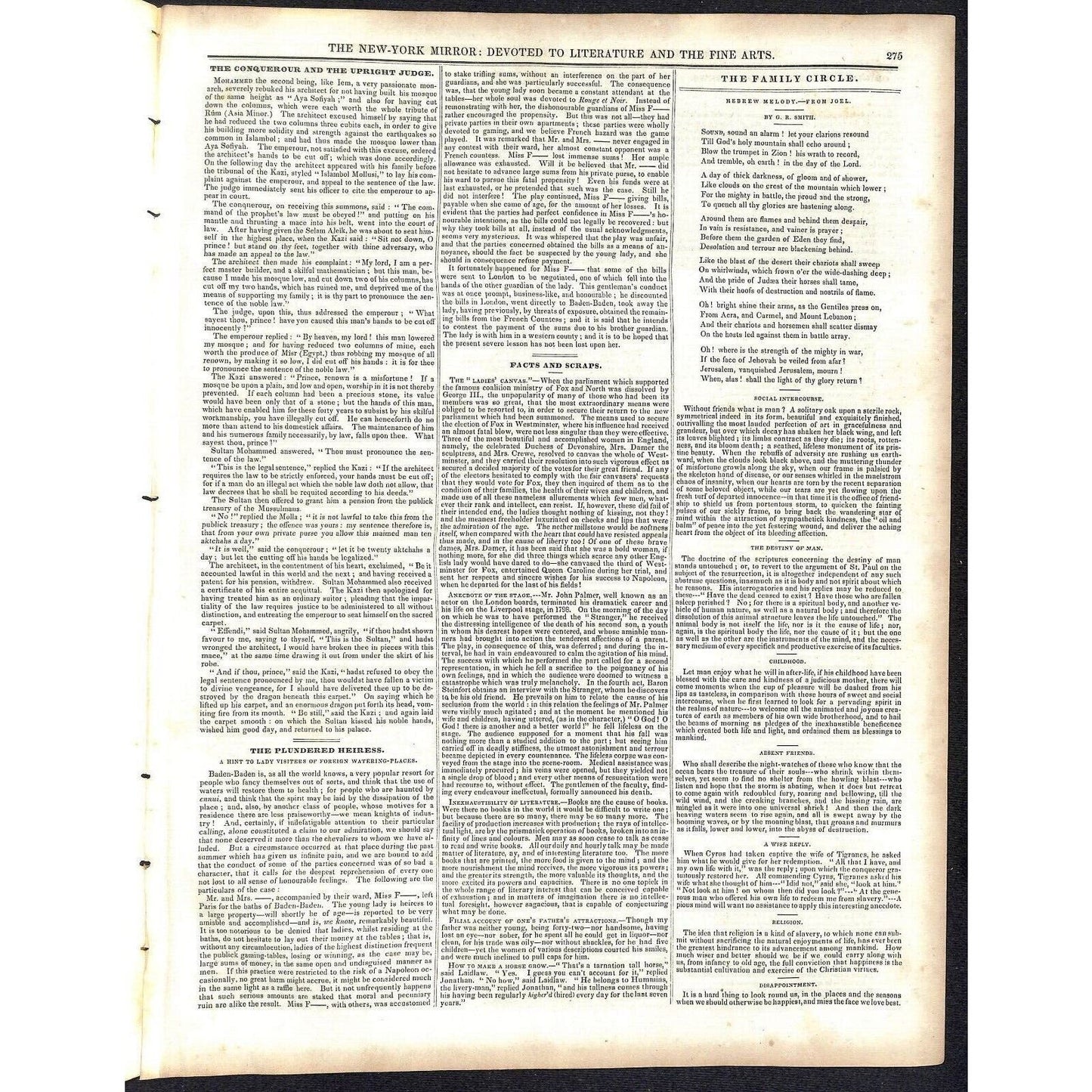 New-York Mirror Weekly Journal Literature Fine Arts Newspaper 2/23/1839