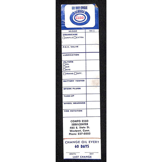 ESSO Westport, CT Oil Change Service Door Jam / Auto Sticker c1970