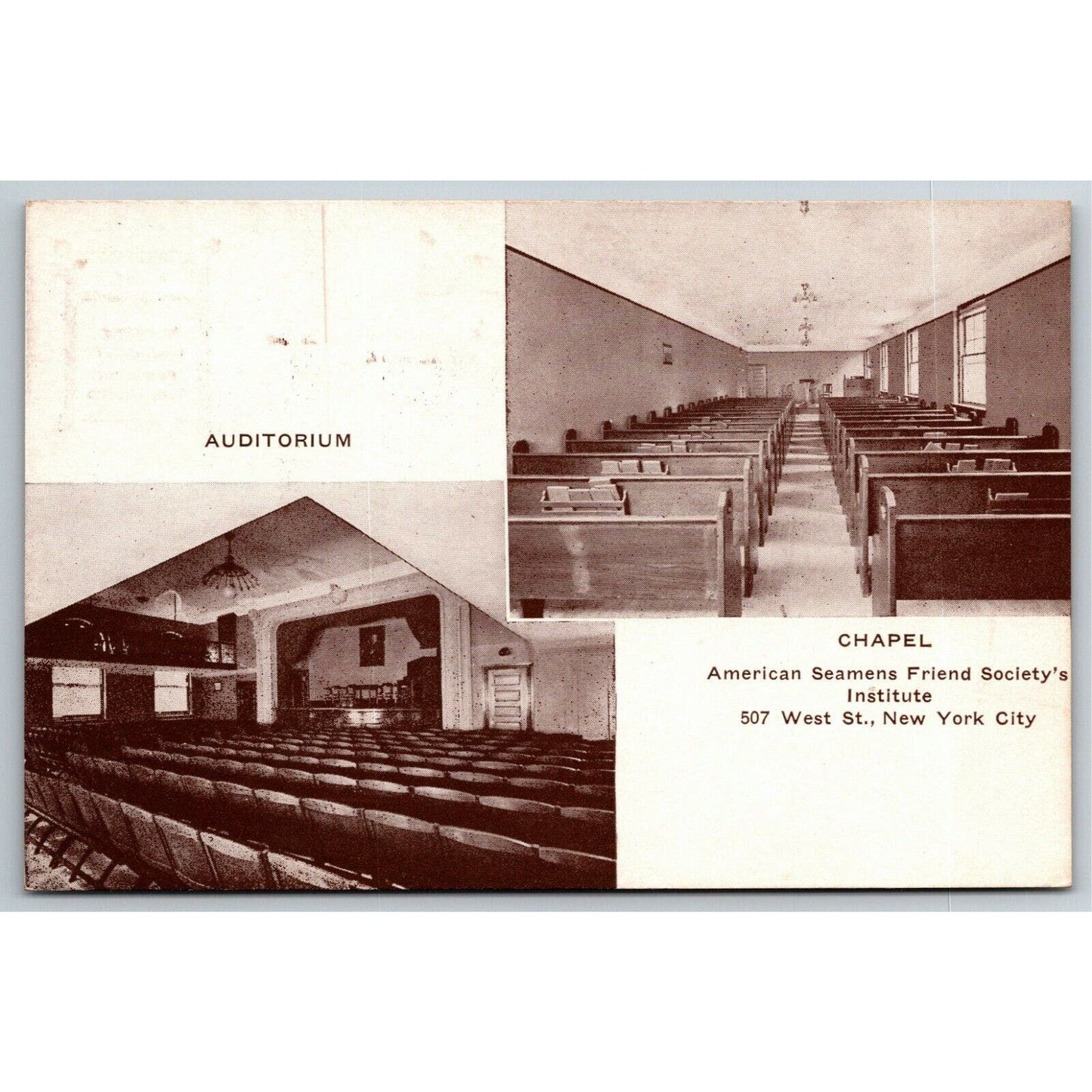 Vintage PPC New York Postcard "American Seamens - Auditorium & Chapel"
