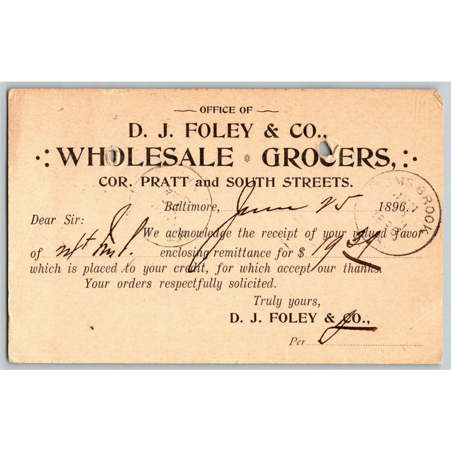 1896 Adv. Payment Conf. Postcard D.J. Foley & Co. Grocers Baltimore E. Baker*