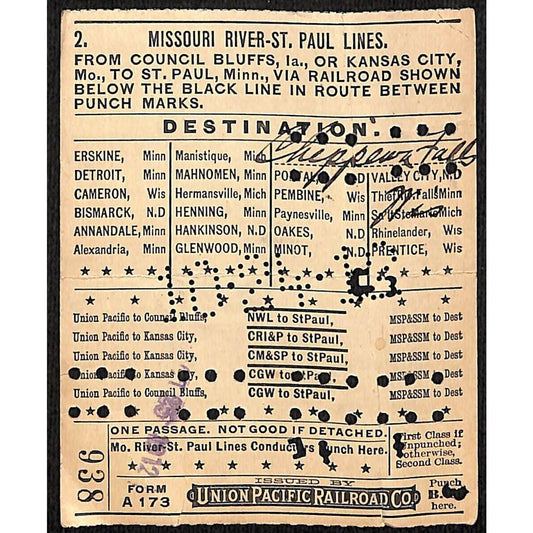 1913 Union Pacific Railroad Ticket Missouri River St. Paul Lines #938