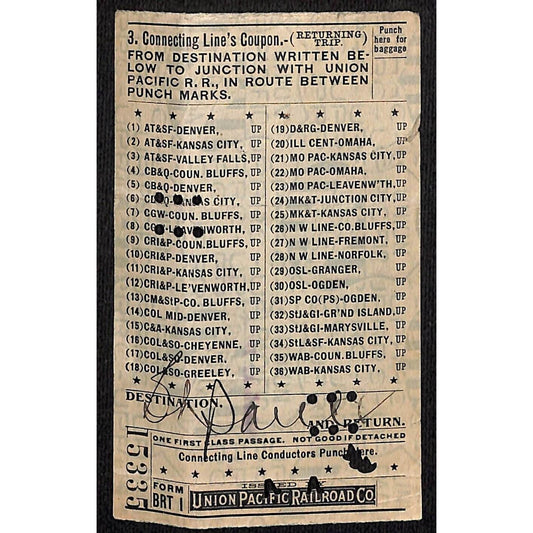 1913 Union Pacific Railroad Ticket Write In Destination #5335