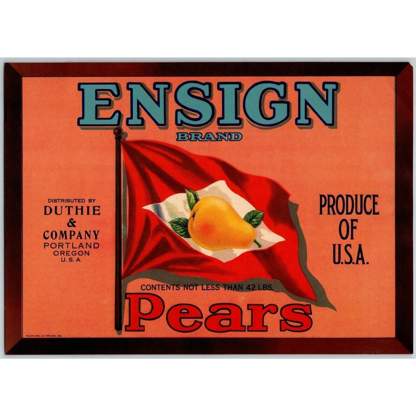 Ensign Brand Pears Vintage Original Paper Fruit Crate Label Duthie Portland Red