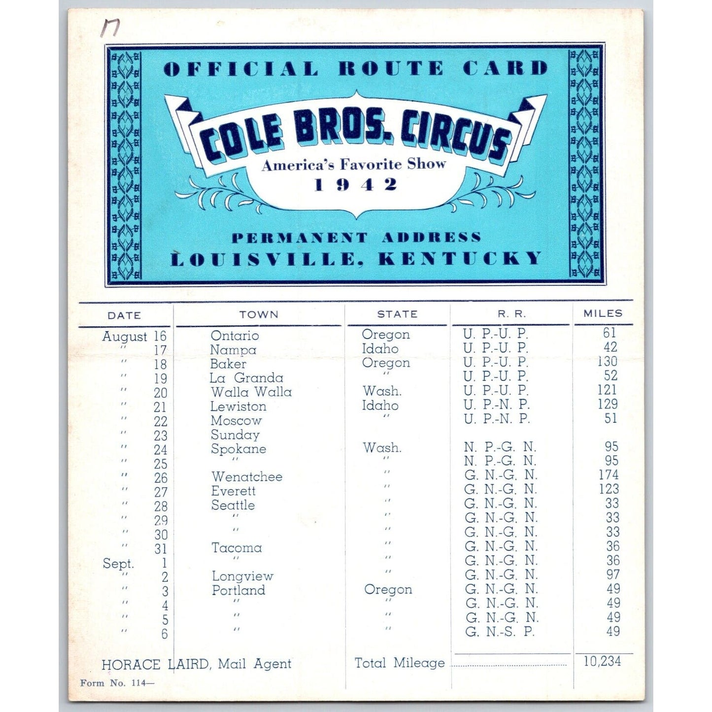 1942 Cole Bros Circus Route Card - Oregon Idaho Washington State