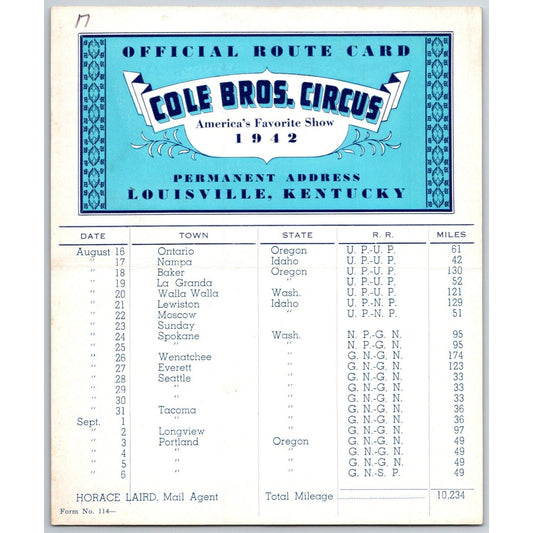 1942 Cole Bros Circus Route Card - Oregon Idaho Washington State